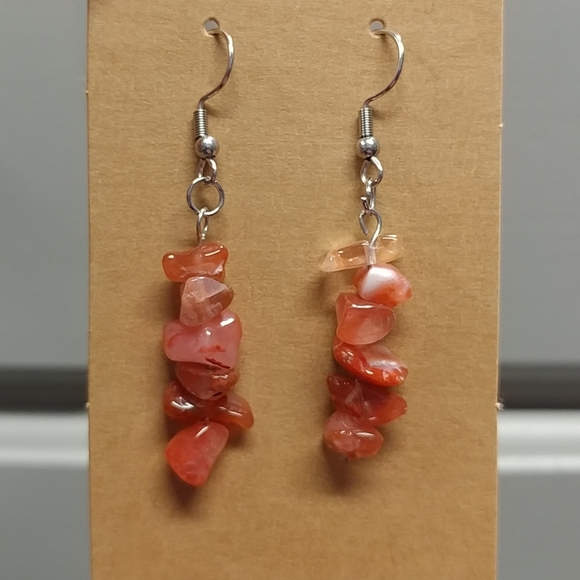 Rhodonite Earrings Natural Gemstone Chip Beaded Surgical Stainless-Steel Hooks - Picture 7 of 13